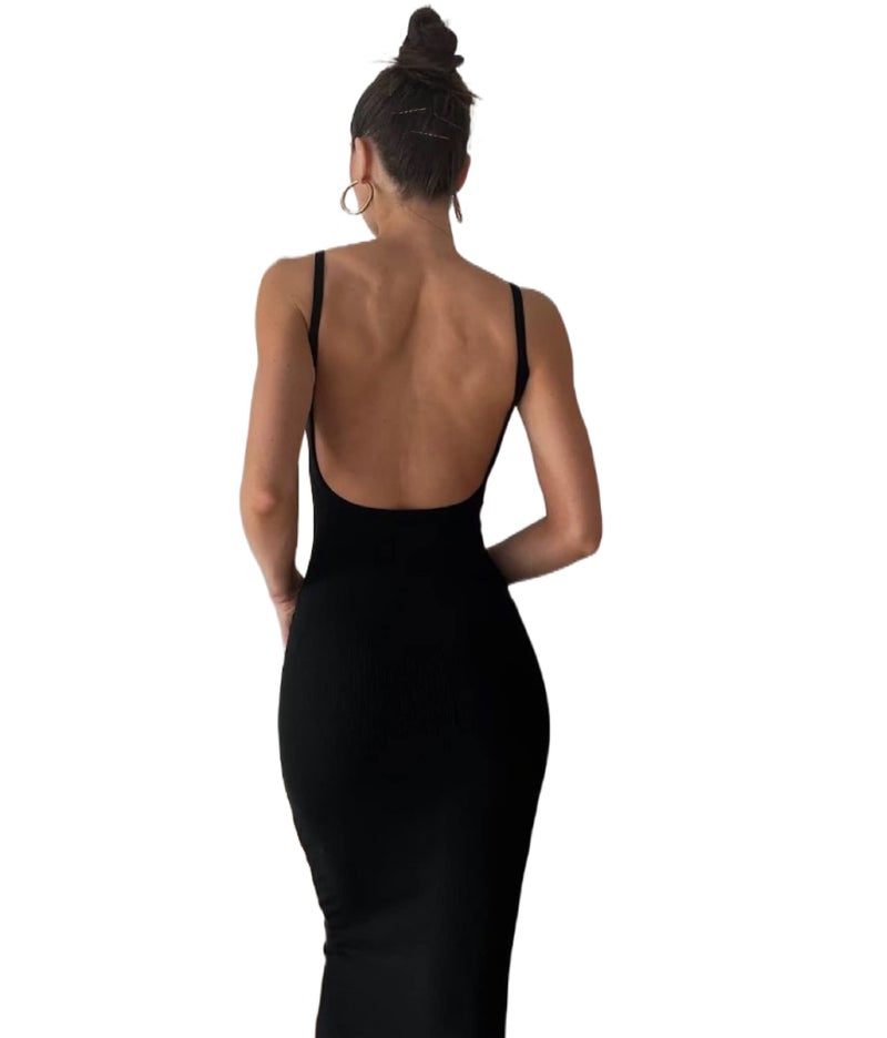 KMBANGI Women Backless Maxi Tank Dress Bodycon Sexy Open Back Hollow Long Dresses Sleeveless Elegant Cocktail Party Dress(Cami Black,S) - Image 1