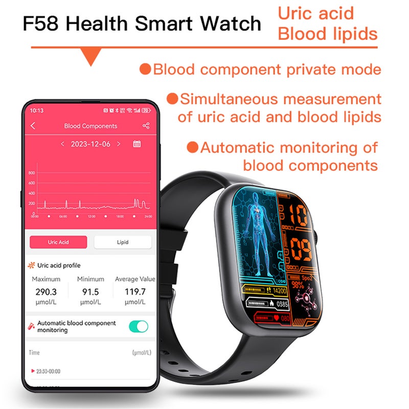 F58 Men's Women's Health Smartwatch, with 53 sports modes, a 2.1-inch full touch screen health monitor, blood sugar/blood pressure/heart rate/uric acid/blood oxygen/sleep/body temperature/HRV - Image 3