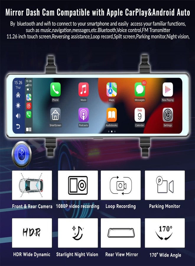 Mirror Dash Cam with Wireless Apple Carplay&Android Auto,11.26" Voice Control Rear View Mirror 1080P Front and Rear View Dual Cameras,FM Transmitter,Night Vision,Parking Assistance, WDR,Loop Recording - Image 2