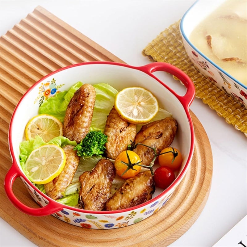 Baking Dish Double Ear Ceramic Baking Dish Rustic Style Cheese Baking Dish Microwave Oven Special Bowl Large Oven Dish - Image 4