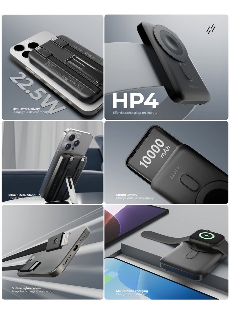 Heatz HP4 Power Bank 10000mAh 22.5W Fast Charging | 6-in-1 Portable Charger with Built-in Nylon Cable | Charge 3 Devices Simultaneously | Integrated Metal Stand | Black - Image 2