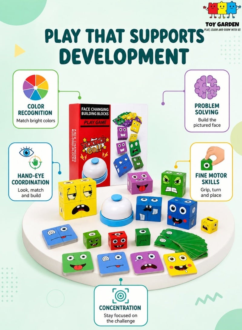 TOY GARDEN Face Changing Expression Matching Cubes Game – Wooden Montessori Puzzle Toy for Kids Ages 2+, Educational STEM Board Game for Boys & Girls - Image 4