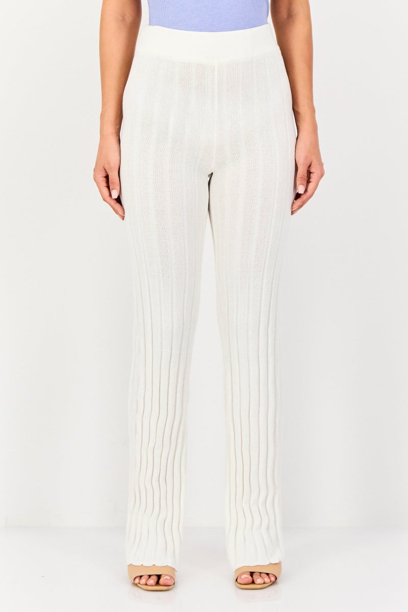 FOREVER 21 سروال نسائي عريض القصة بتصميم منسوج، أبيض - Image 1