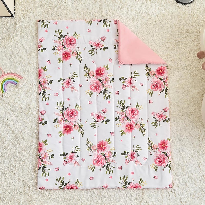 Uozzi Bedding Flower Toddler Bedding Set for Girls 4 Pieces White Floral Toddler Bed Set with Pink Roses and Green Leaves  Includes Quilted Warm Comforter Pink Fitted Sheet Top Sheet and Pillow Case - Image 4