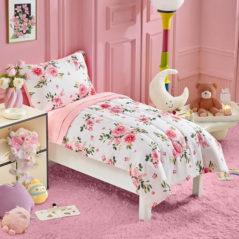 Uozzi Bedding Flower Toddler Bedding Set for Girls 4 Pieces White Floral Toddler Bed Set with Pink Roses and Green Leaves  Includes Quilted Warm Comforter Pink Fitted Sheet Top Sheet and Pillow Case - Image 3