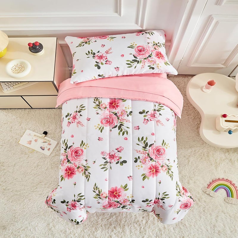 Uozzi Bedding Flower Toddler Bedding Set for Girls 4 Pieces White Floral Toddler Bed Set with Pink Roses and Green Leaves  Includes Quilted Warm Comforter Pink Fitted Sheet Top Sheet and Pillow Case - Image 1