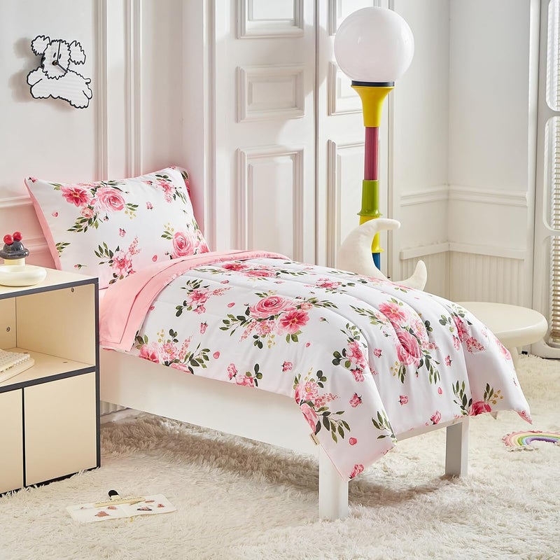 Uozzi Bedding Flower Toddler Bedding Set for Girls 4 Pieces White Floral Toddler Bed Set with Pink Roses and Green Leaves  Includes Quilted Warm Comforter Pink Fitted Sheet Top Sheet and Pillow Case - Image 5
