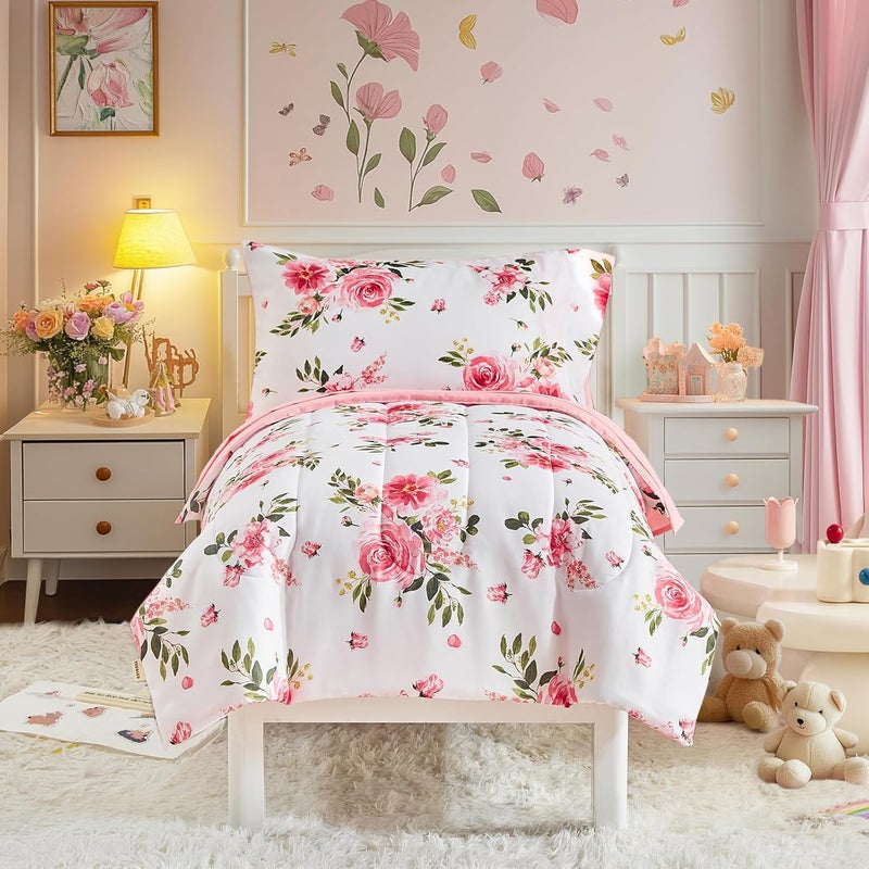 Uozzi Bedding Flower Toddler Bedding Set for Girls 4 Pieces White Floral Toddler Bed Set with Pink Roses and Green Leaves  Includes Quilted Warm Comforter Pink Fitted Sheet Top Sheet and Pillow Case - Image 2