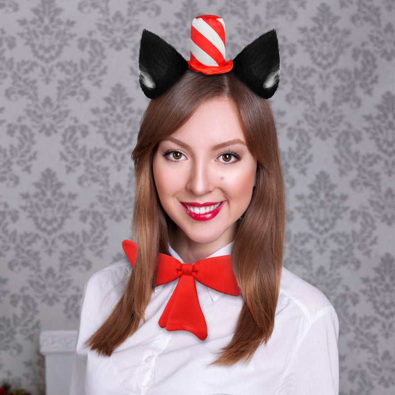 Aczyoxw Cat Ears Headband Red Stovepipe Hat and Bow In The Cute Costume Cosplay Party - Image 3