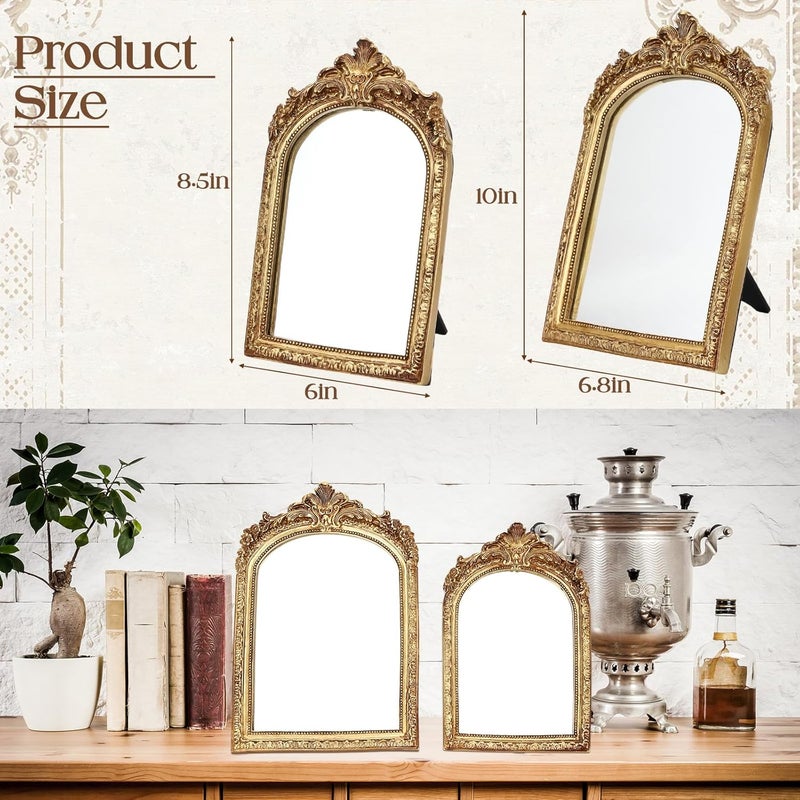 2 قطعة من مرايا الحائط الذهبية الصغيرة ذات الطراز العتيق، بأبعاد 10 × 7 بوصة و8.5 × 5.5 بوصة، مصنوعة من الراتنج بلون الذهب العتيق على طراز باروك، مرايا زخرفية للطاولات أو للتعليق على الطاولات. - Image 3