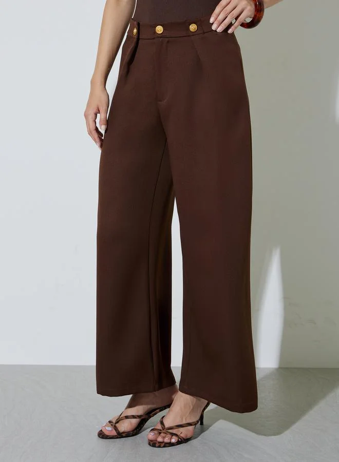 تايك تو Brown Wide Leg Trousers With Buttons