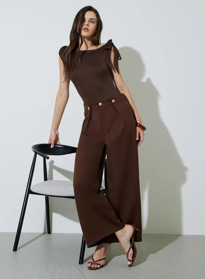 تايك تو Brown Wide Leg Trousers With Buttons