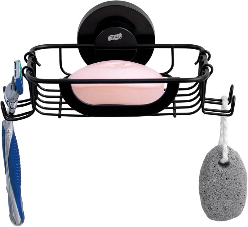 Taili Soap Dish with Drain for Bathroom, Max Hold 5 kg, Stainless Steel Soap Dishes No Drilling, Soap Holder Wall Mounted, Soap Holder with Suction Cup for Shower, Kitchen, Sponge Holder, Black - Image 1