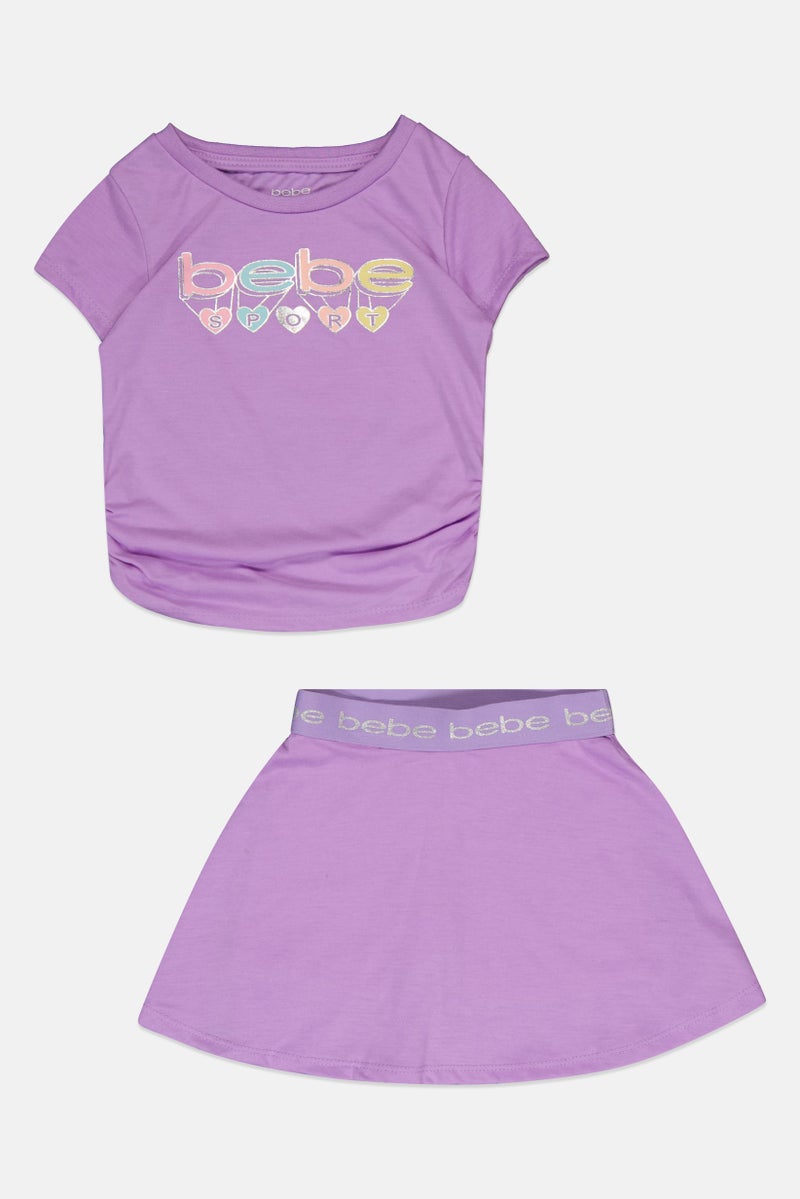 bebe Kids Girl 2 Piece Sportswear Fit Short Sleeve Training Top And Skort, Purple - Image 2