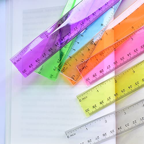 DAGONGREN مسطرة بلاستيكية شفافة ملونة - مسطرة 12 بوصة، مسطرة للأطفال للمدرسة، مسطرة بالسنتيمترات، المليمترات والبوصات، ألوان متنوعة، مساطر شفافة، 7 حزمة من مساطر المدرسة - Image 2