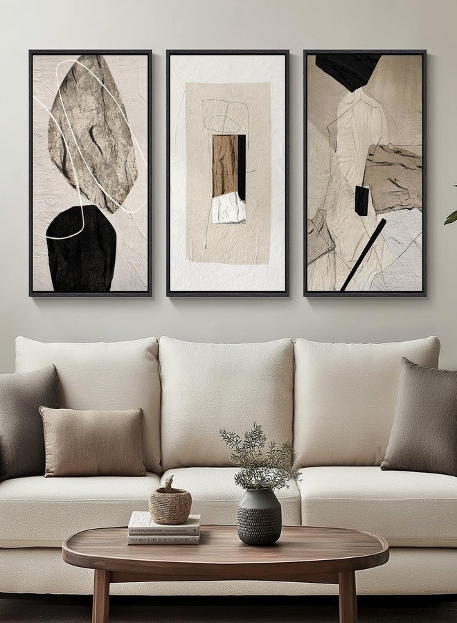 Cuspin Framed Neutral Abstract Wall Art, Set of 3 Modern Canvas Prints Paintings Artwork for Walls, Minimalist Black and Beige Pictures for Living Room Hallway Stair Bedroom Office Wall Decor 16x24 Inch - Image 1