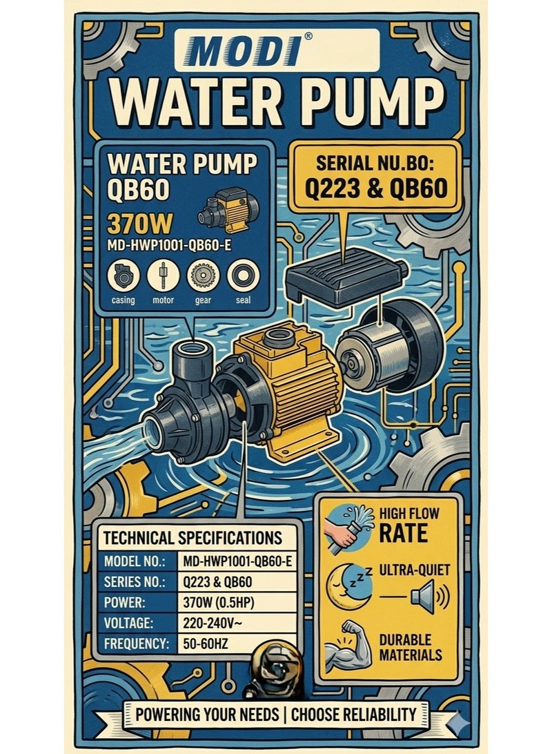 MODI 0.5HP Peripheral Water Pump – 370W High-Flow Motor, QB60 Series – 0.5HP PUMP, 220-240V - Image 2