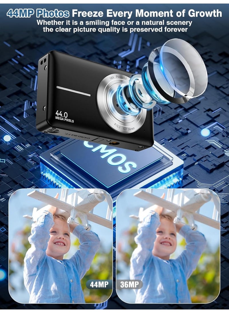 Digital Camera, FHD 1080P Kids Camera, 44MP Point and Shoot Digital Cameras with 32GB Memory Card and Two Batteries, 16X Zoom , Lanyard, Compact Size Camera, Gift for Boys/Girls (Black) - Image 2