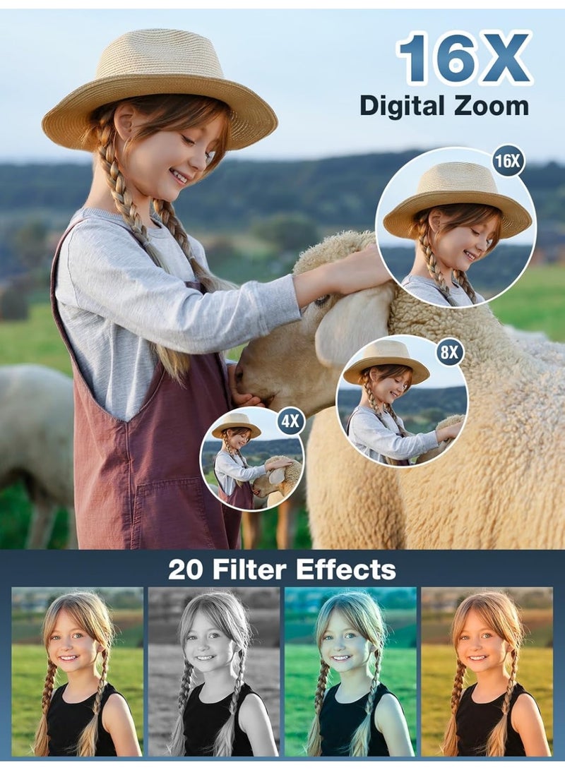 Digital Camera, FHD 1080P Kids Camera, 44MP Point and Shoot Digital Cameras with 32GB Memory Card and Two Batteries, 16X Zoom , Lanyard, Compact Size Camera, Gift for Boys/Girls (Black) - Image 4