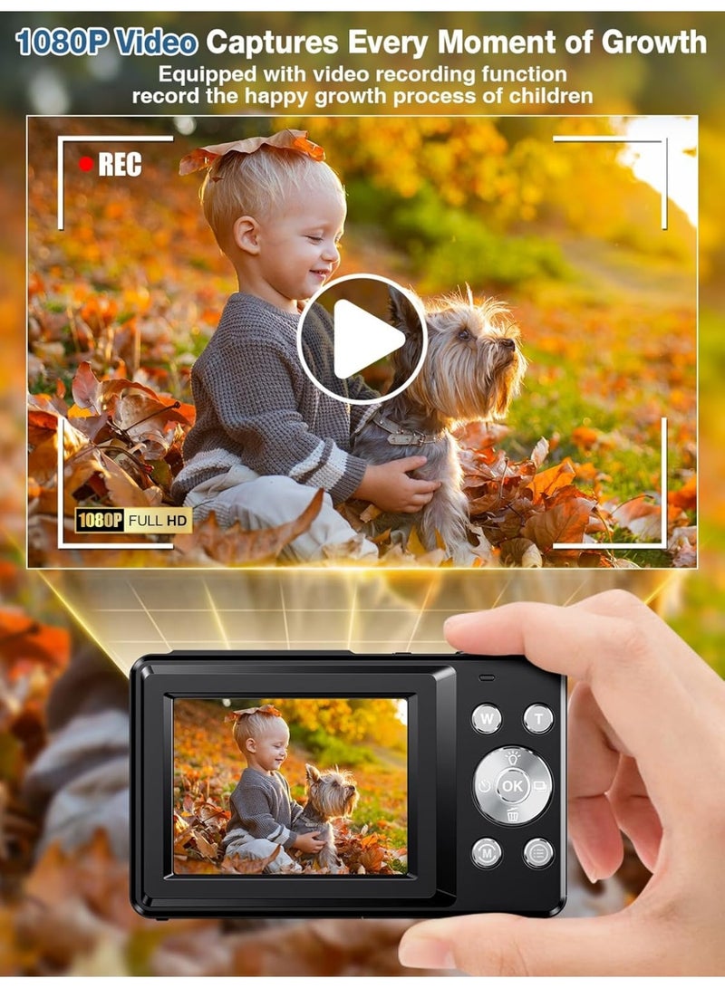 Digital Camera, FHD 1080P Kids Camera, 44MP Point and Shoot Digital Cameras with 32GB Memory Card and Two Batteries, 16X Zoom , Lanyard, Compact Size Camera, Gift for Boys/Girls (Black) - Image 3