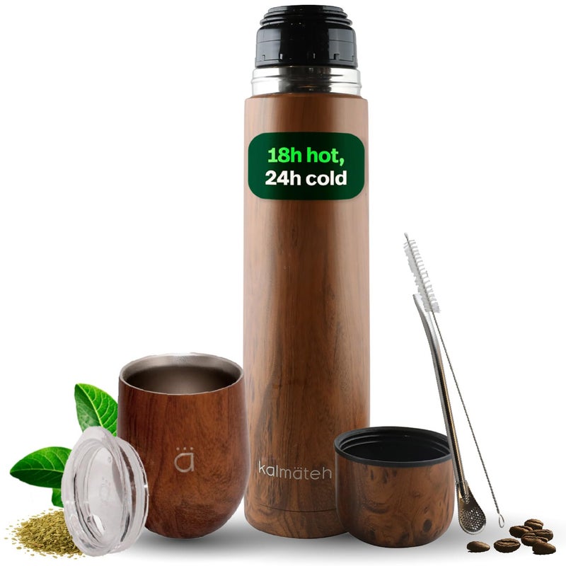 Kalmateh Yerba Mate Gourd 8oz Vacuum Insulated Bottle 1000ml set Includes Mate Cup DoubleWalled Flask Bombilla Straw Cleaning Brush Gift Box Wood