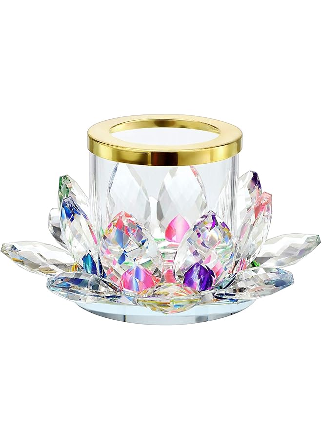 The Bros Colorful Crystal Lotus Tealight Candle Holder Votive Candle Stand with Glass Cover, Glass Lotus Petal Tea Light Holder Lotus Flower Pillar Candle Lamp Candle Centerpiece for Dining Table Altar Diwali  - Image 1