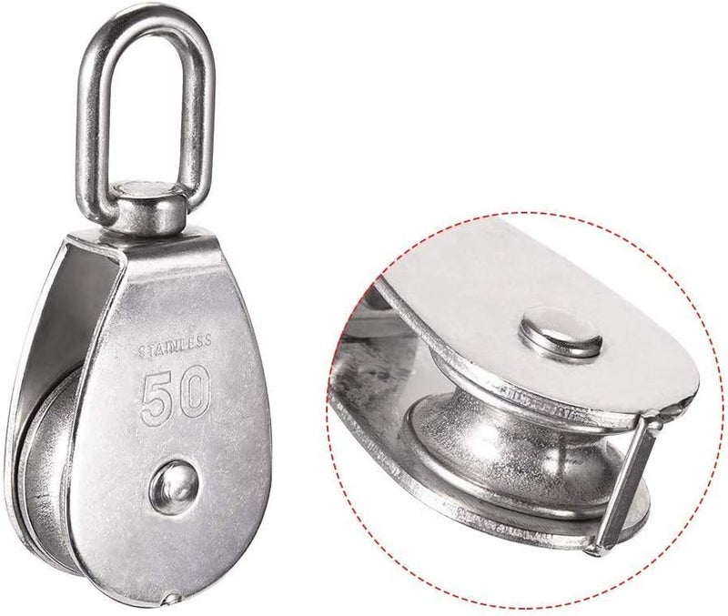 CREATIEE-PRO 2 Pack M50 Single Pulley Block, Heavy Duty 304 Stainless Steel Pulley Roller Crane Swivel Hook, Wheel Swivel Rigging Lifting Wheel Fixed Pulley for Wire Rope Loading 400kg - Image 3