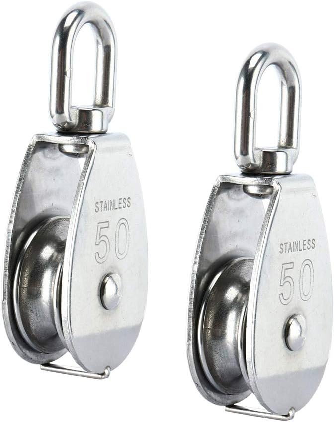 CREATIEE-PRO 2 Pack M50 Single Pulley Block, Heavy Duty 304 Stainless Steel Pulley Roller Crane Swivel Hook, Wheel Swivel Rigging Lifting Wheel Fixed Pulley for Wire Rope Loading 400kg - Image 1