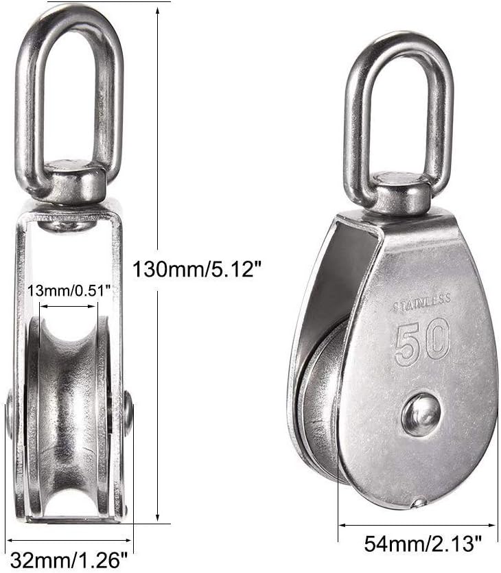 CREATIEE-PRO 2 Pack M50 Single Pulley Block, Heavy Duty 304 Stainless Steel Pulley Roller Crane Swivel Hook, Wheel Swivel Rigging Lifting Wheel Fixed Pulley for Wire Rope Loading 400kg - Image 2