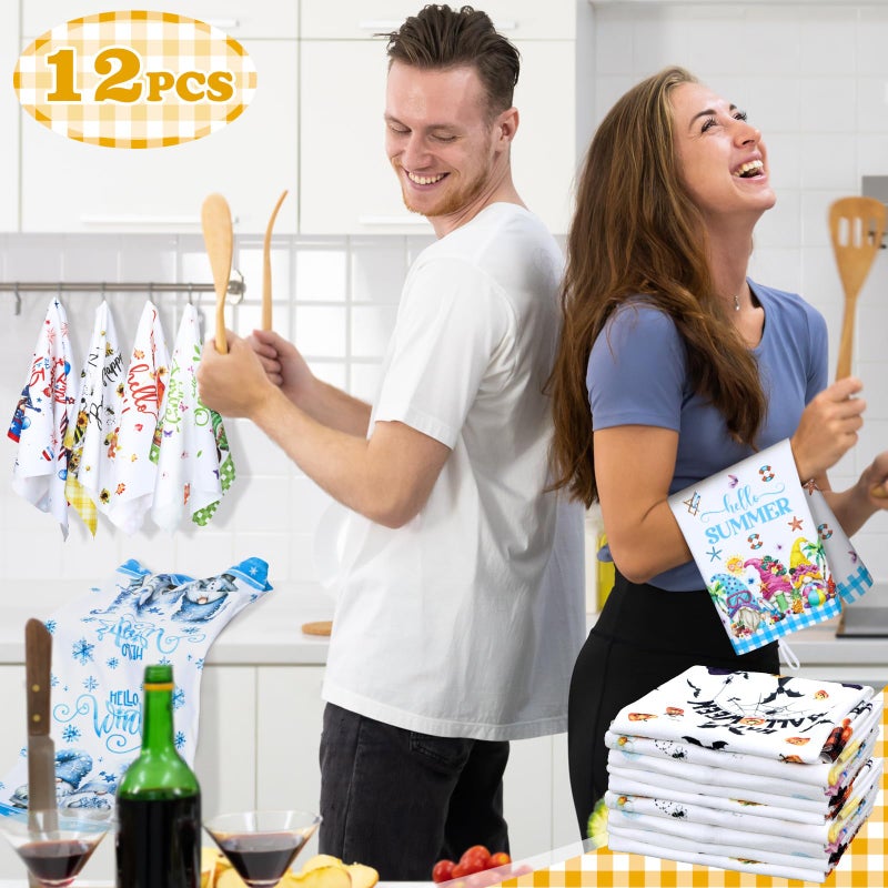 FuWeave 12 Pcs Seasonal Kitchen Towels Set for All Holidays Spring Easter Irish Hand Dish Tea Towels Bulk Absorbent Dishcloths Housewarming Gift for Cooking Kitchen Bathroom(Gnome Style,Bright Color) - Image 4
