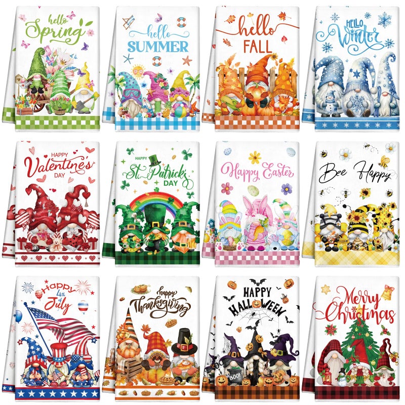 FuWeave 12 Pcs Seasonal Kitchen Towels Set for All Holidays Spring Easter Irish Hand Dish Tea Towels Bulk Absorbent Dishcloths Housewarming Gift for Cooking Kitchen Bathroom(Gnome Style,Bright Color) - Image 1