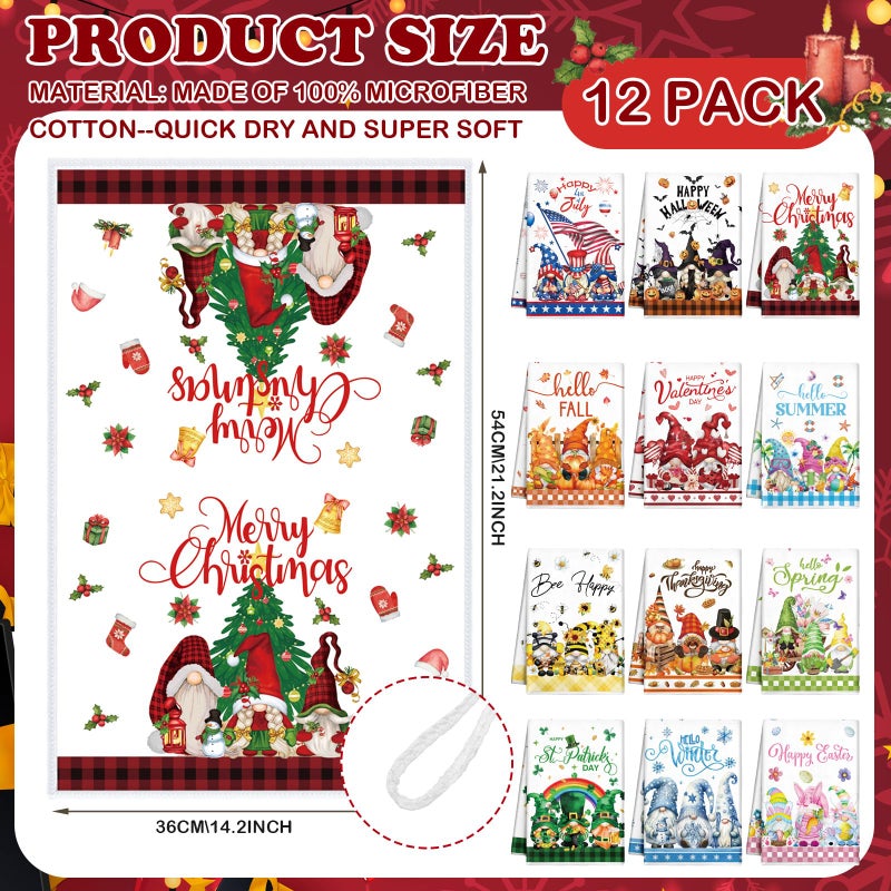 FuWeave 12 Pcs Seasonal Kitchen Towels Set for All Holidays Spring Easter Irish Hand Dish Tea Towels Bulk Absorbent Dishcloths Housewarming Gift for Cooking Kitchen Bathroom(Gnome Style,Bright Color) - Image 2