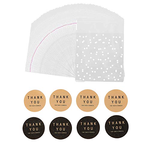 BEFORYOU 400PCS White Polka Dot Treat Bags Set Self Adhesive Candy Cookie Bags Set, 200 Cellophane Bags + 200 Thank You Sticker for Bakery Biscuit Chocolate Snacks Dessert (5.5x5.5Inches, White Polka Dot+Sticker) - Image 1