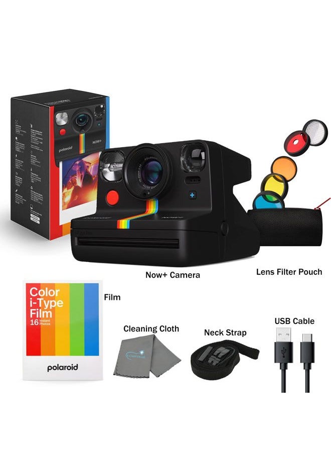 Now+ Gen 2 Instant Camera, Black, Bluetooth Now Plus Film Camera with 5 Piece Lens Filter Kit & Pouch, 8 Color Film, Works with Polaroid i-Type and 600 Film, and Lens Cleaning Cloth
