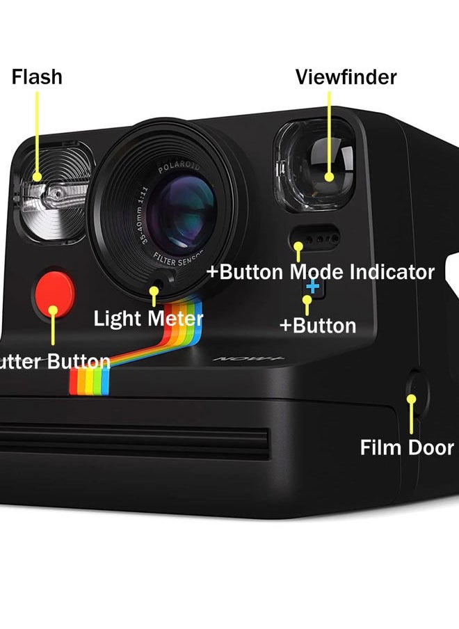 Now+ Gen 2 Instant Camera, Black, Bluetooth Now Plus Film Camera with 5 Piece Lens Filter Kit & Pouch, 8 Color Film, Works with Polaroid i-Type and 600 Film, and Lens Cleaning Cloth
