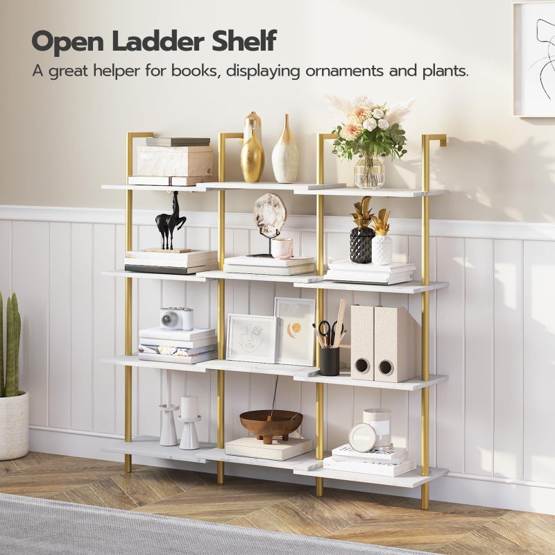 HOOBRO DIY Ladder Shelf, 6-Tier Wooden Wall Mounted Bookshelf, Narrow Gold Bookcase, Display Shelf, Storage Rack, Plant Stand, for Living Room, Bedroom, Study, Balcony, Marble and Gold DM651CJ01 - Image 4