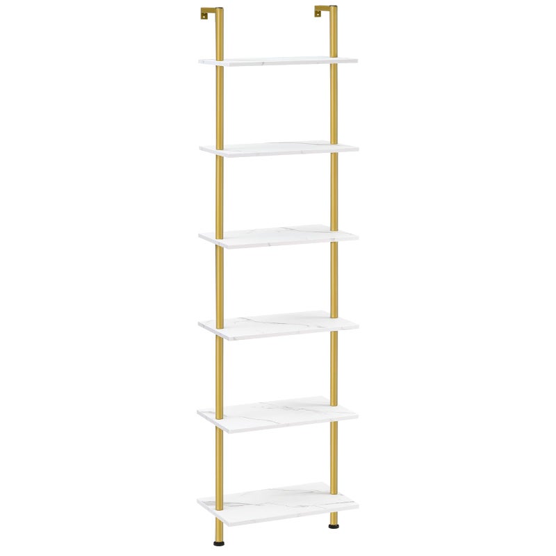 HOOBRO DIY Ladder Shelf, 6-Tier Wooden Wall Mounted Bookshelf, Narrow Gold Bookcase, Display Shelf, Storage Rack, Plant Stand, for Living Room, Bedroom, Study, Balcony, Marble and Gold DM651CJ01 - Image 1