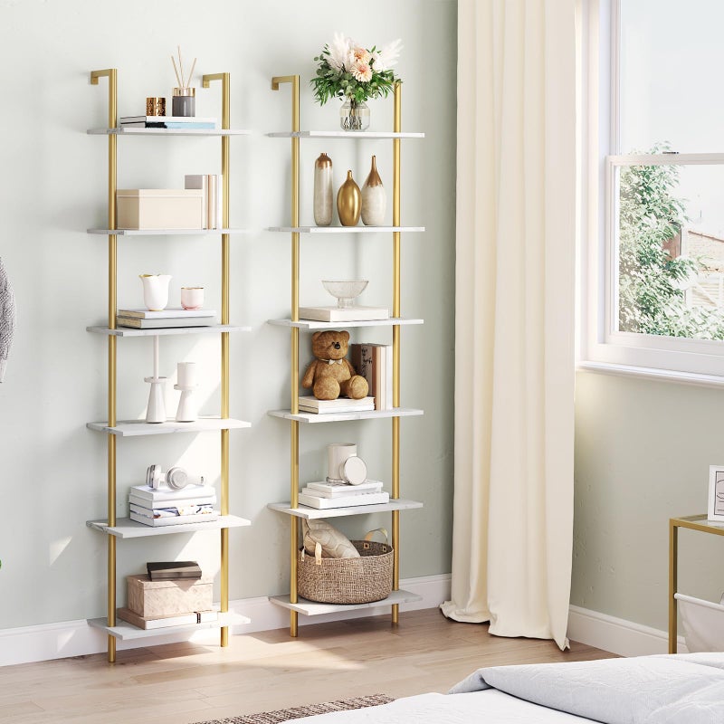 HOOBRO DIY Ladder Shelf, 6-Tier Wooden Wall Mounted Bookshelf, Narrow Gold Bookcase, Display Shelf, Storage Rack, Plant Stand, for Living Room, Bedroom, Study, Balcony, Marble and Gold DM651CJ01 - Image 5