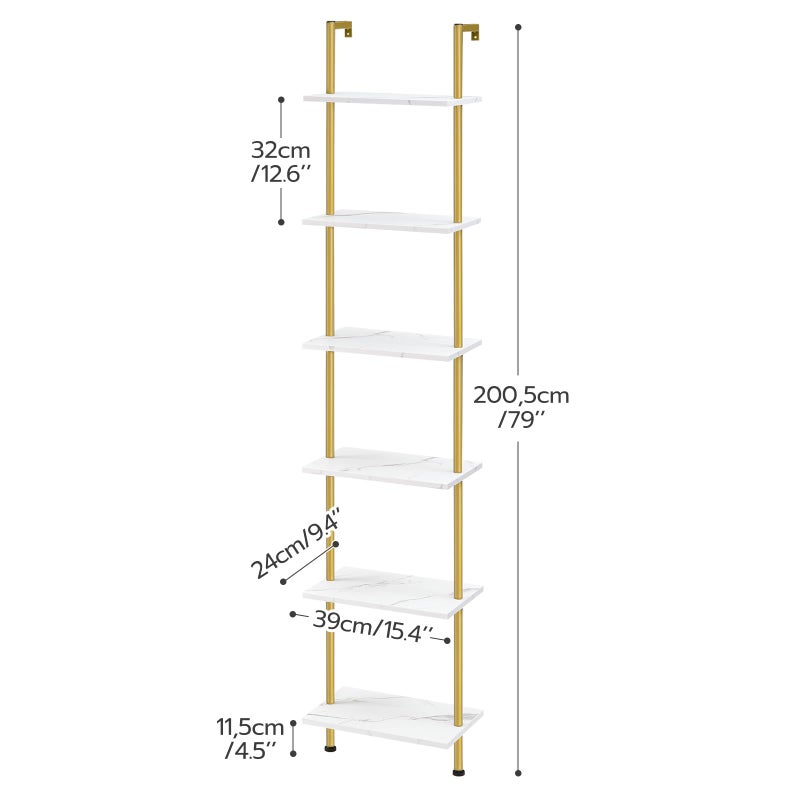 HOOBRO DIY Ladder Shelf, 6-Tier Wooden Wall Mounted Bookshelf, Narrow Gold Bookcase, Display Shelf, Storage Rack, Plant Stand, for Living Room, Bedroom, Study, Balcony, Marble and Gold DM651CJ01 - Image 3