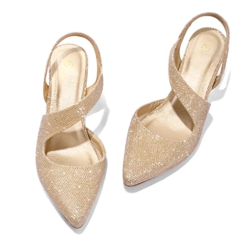 mysoft Women's Dress Shoes Low Heels 2 inch Kitten Pumps Slingback Wedding Party Medium/Wide Width Shoes Gold - Image 4