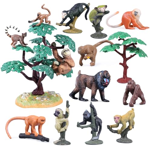 kukifun 16Pcs Monkey Animal Figures Set Assorted Wild Primate Toys with Sloth Mandrill RingTailed Lemur Gorilla and Trees for Kids Educational Birthday Cake Decoration Party Favor School Projects - Image 1