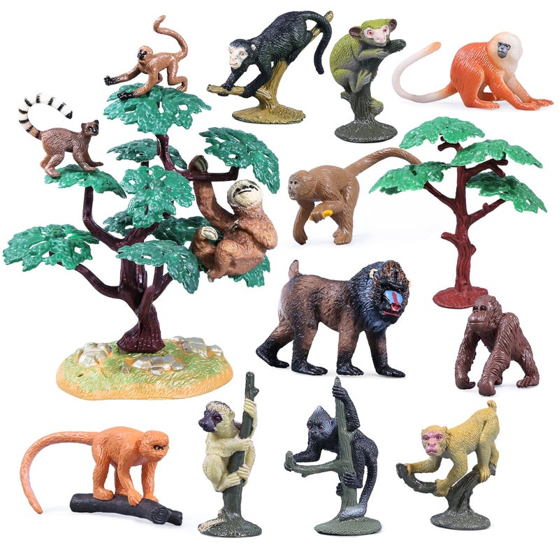 kukifun 16Pcs Monkey Animal Figures Set Assorted Wild Primate Toys with Sloth Mandrill RingTailed Lemur Gorilla and Trees for Kids Educational Birthday Cake Decoration Party Favor School Projects - Image 3
