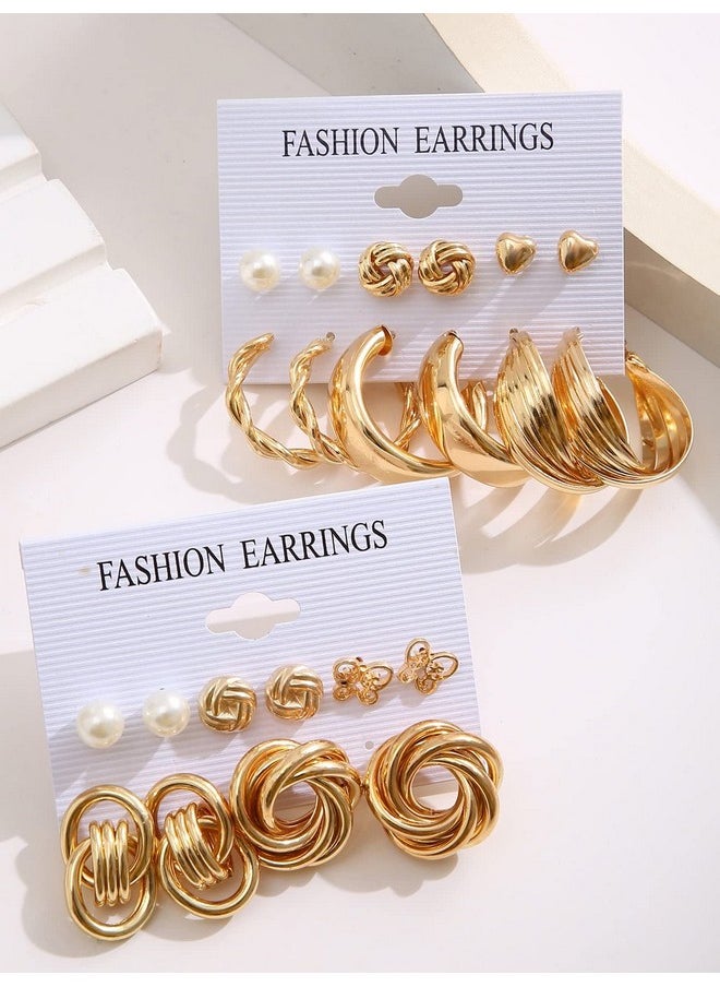 Shining Diva Fashion - Shining Diva Fashion 11 Pairs Combo Set Latest Stylish Hoop Stud Earrings for Women and Girls (Gold) (14949er) - Image 1