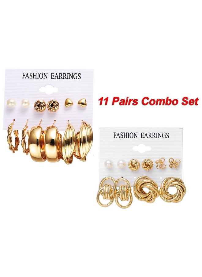 Shining Diva Fashion - Shining Diva Fashion 11 Pairs Combo Set Latest Stylish Hoop Stud Earrings for Women and Girls (Gold) (14949er) - Image 1