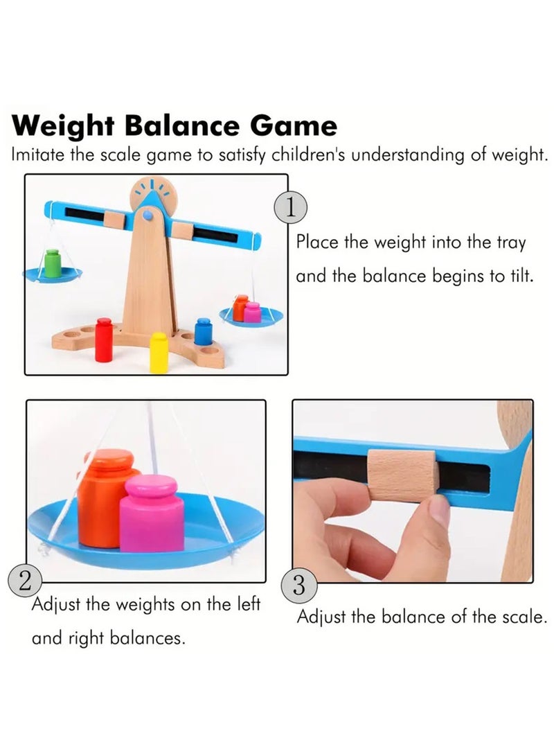 Wooden Balance Scale, Montessori Teaching Aid Math Balance Scales, Fun Early Educational Balance Scale Learning Toys for Girls Boys, Balance Weighing Game Toys for Birthday - Image 2