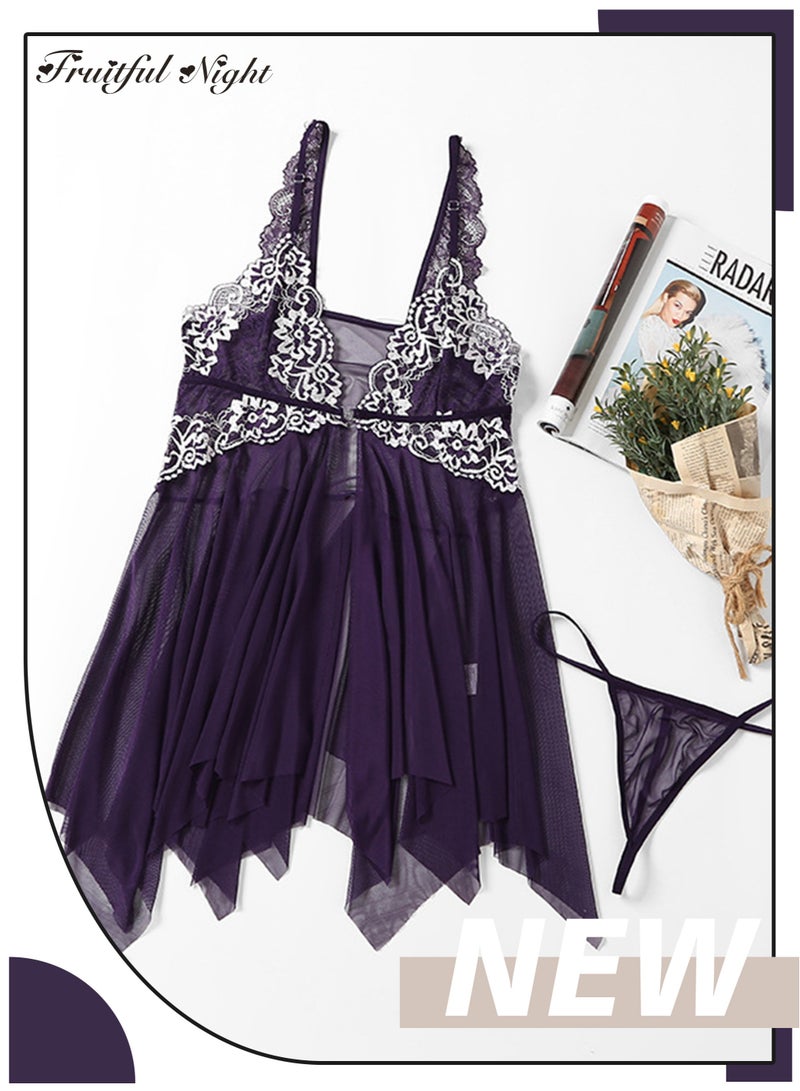 Fruitful Night Women Lace Lingerie Front Closure Babydoll V Neck Nightwear Chemise  - Image 1
