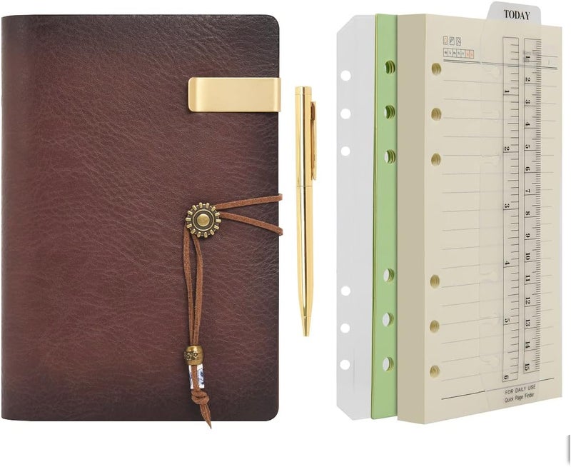 WONDERPOOL Leather Journal A6 Refillable 6 Ring Binder Notebook with Lined Paper and Pen,Writing Diary for Work Travel and Agenda Plan (A6, Brown) - Image 1