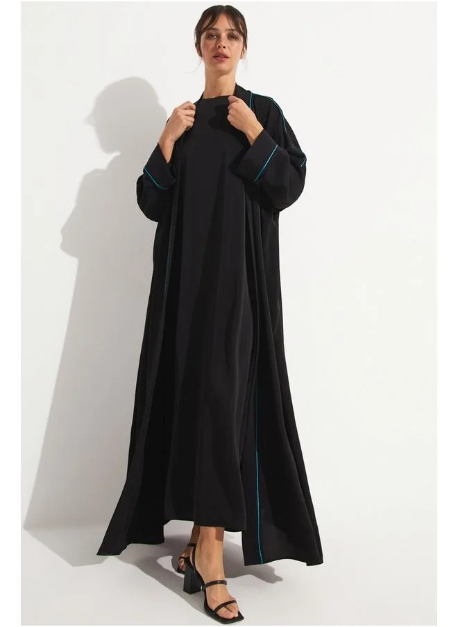 جون June Embroidered Detailed Satin Abaya Black - Teal