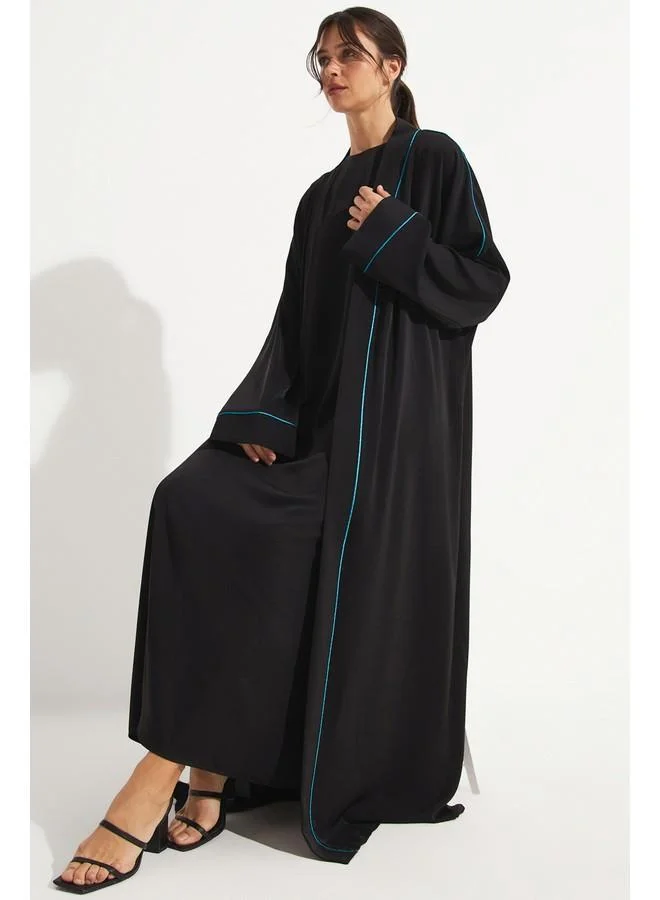 JUNE June Embroidered Detailed Satin Abaya Black - Teal