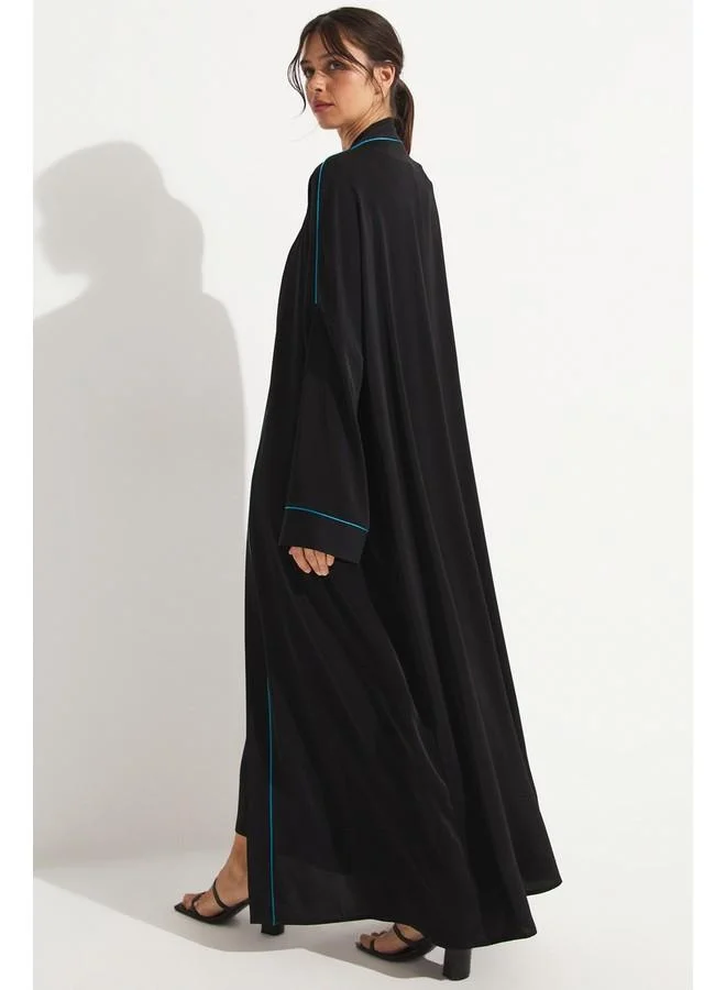 JUNE June Embroidered Detailed Satin Abaya Black - Teal